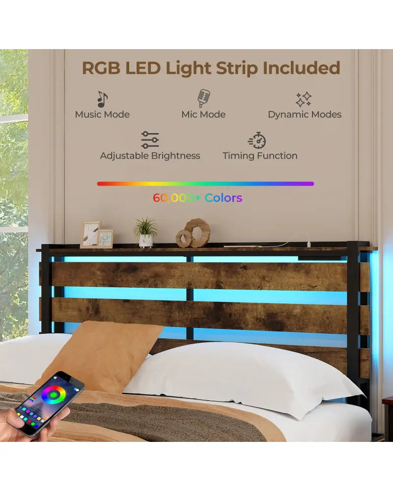 Full/Queen/Twin Size Bed Frame with Drawers LED Lights and USB Ports-Queen Size - Rustic Brown - Simple Bed Frame