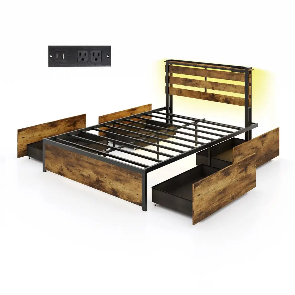 Full/Queen/Twin Size Bed Frame with Drawers LED Lights and USB Ports-Full Size - Simple Bed Frame
