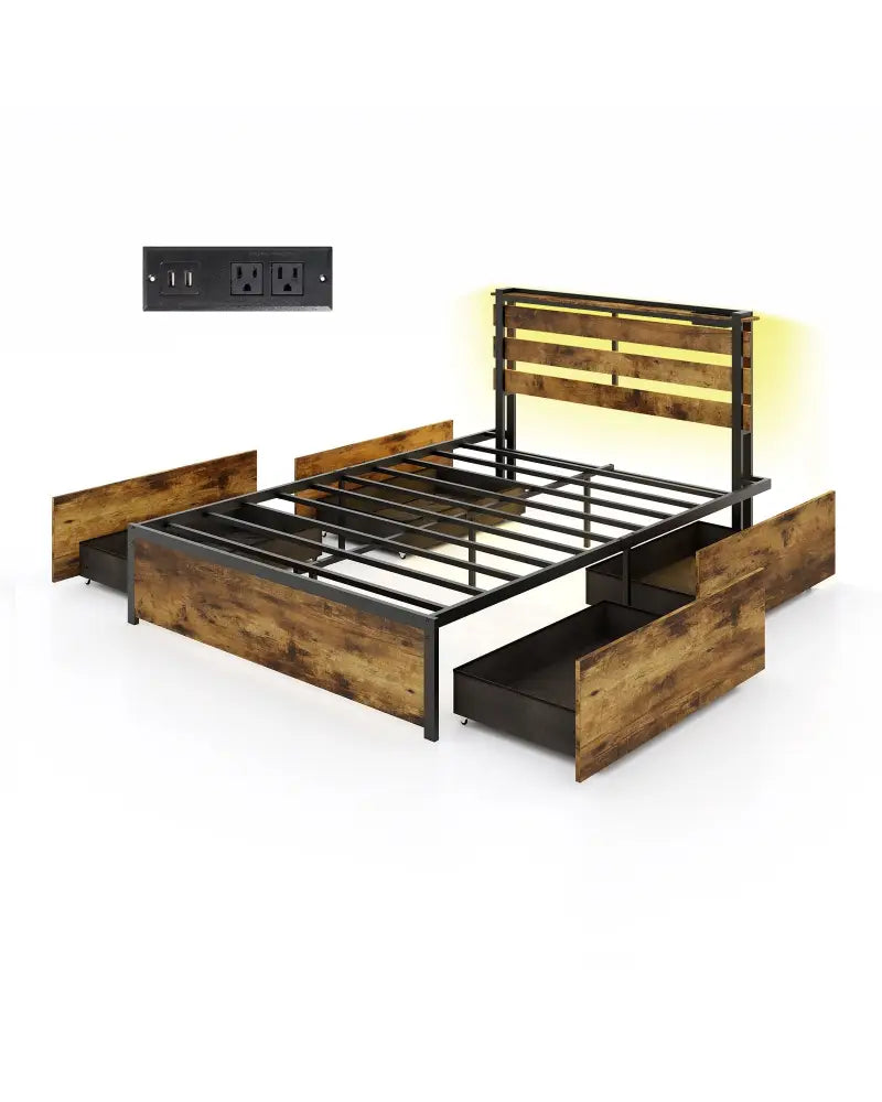 Full/Queen/Twin Size Bed Frame with Drawers LED Lights and USB Ports-Full Size - Simple Bed Frame