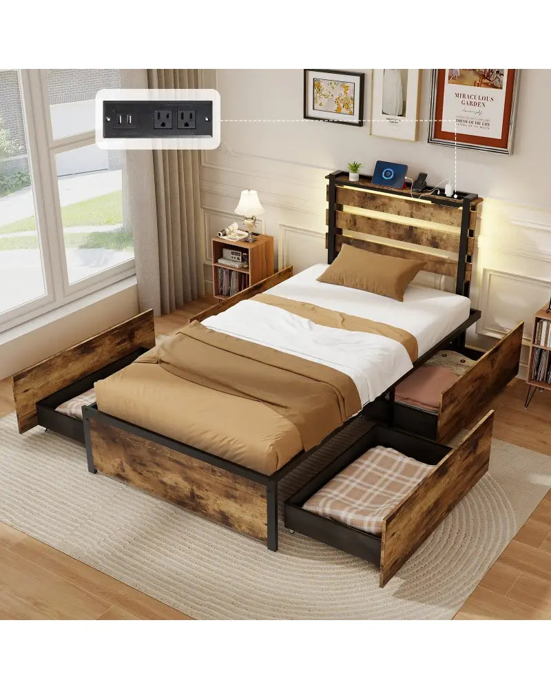 Full/Queen/Twin Size Bed Frame with Drawers LED Lights and USB Ports-Twin Size - Rustic Brown - Simple Bed Frame