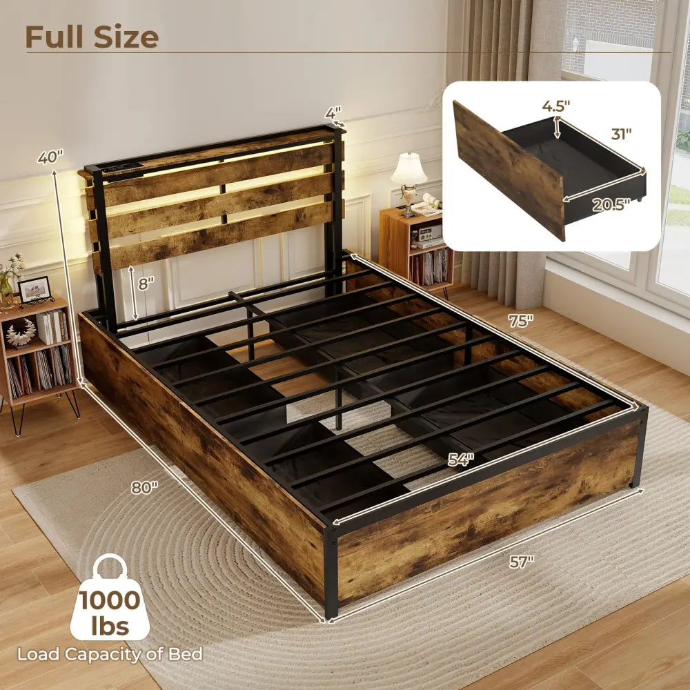 Full/Queen/Twin Size Bed Frame with Drawers LED Lights and USB Ports-Full Size - Simple Bed Frame