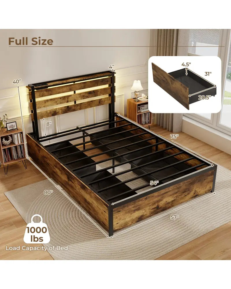 Full/Queen/Twin Size Bed Frame with Drawers LED Lights and USB Ports-Full Size - Simple Bed Frame