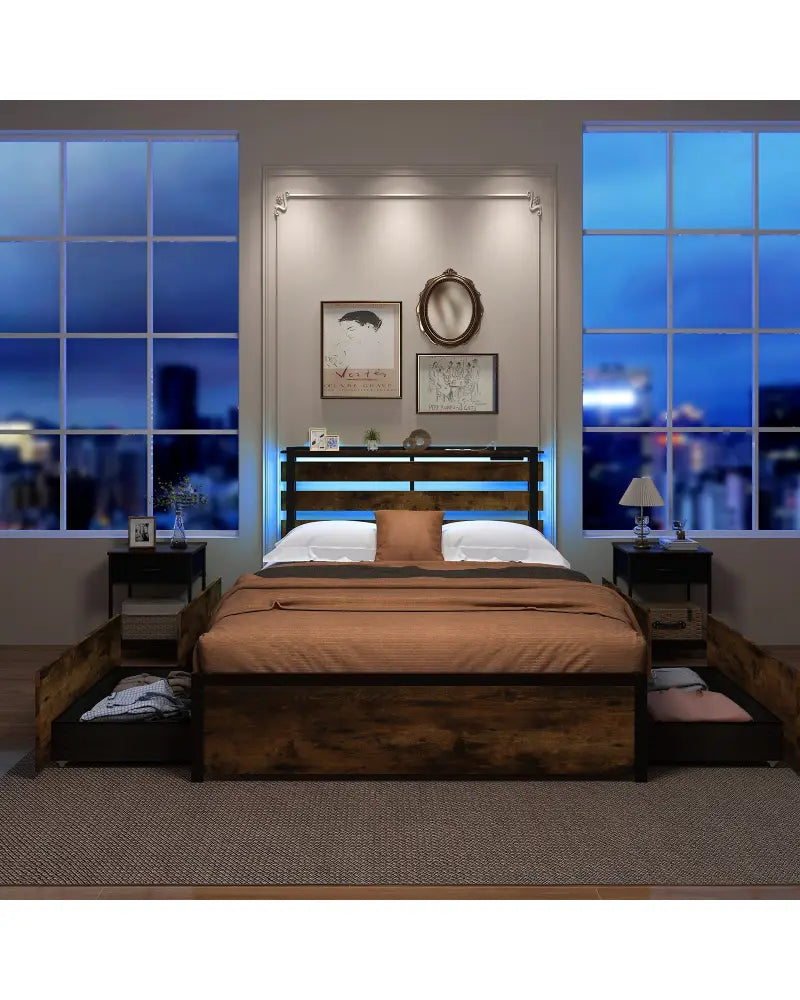 Full/Queen/Twin Size Bed Frame with Drawers LED Lights and USB Ports-Full Size - Simple Bed Frame