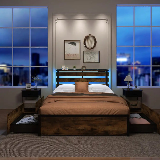 Full/Queen/Twin Size Bed Frame with Drawers LED Lights and USB Ports-Full Size - Simple Bed Frame