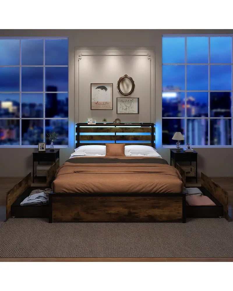 Full/Queen/Twin Size Bed Frame with Drawers LED Lights and USB Ports-Queen Size - Rustic Brown - Simple Bed Frame