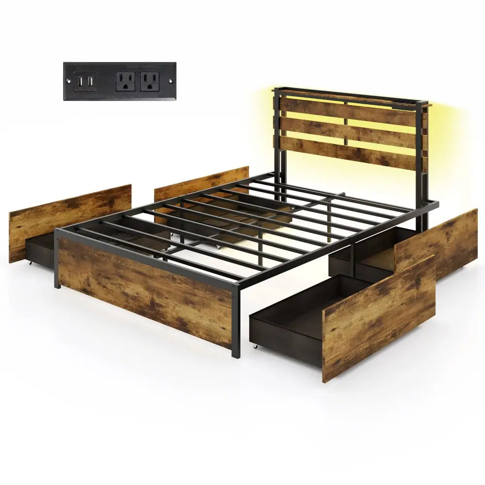 Full/Queen/Twin Size Bed Frame with Drawers LED Lights and USB Ports-Full Size - Simple Bed Frame