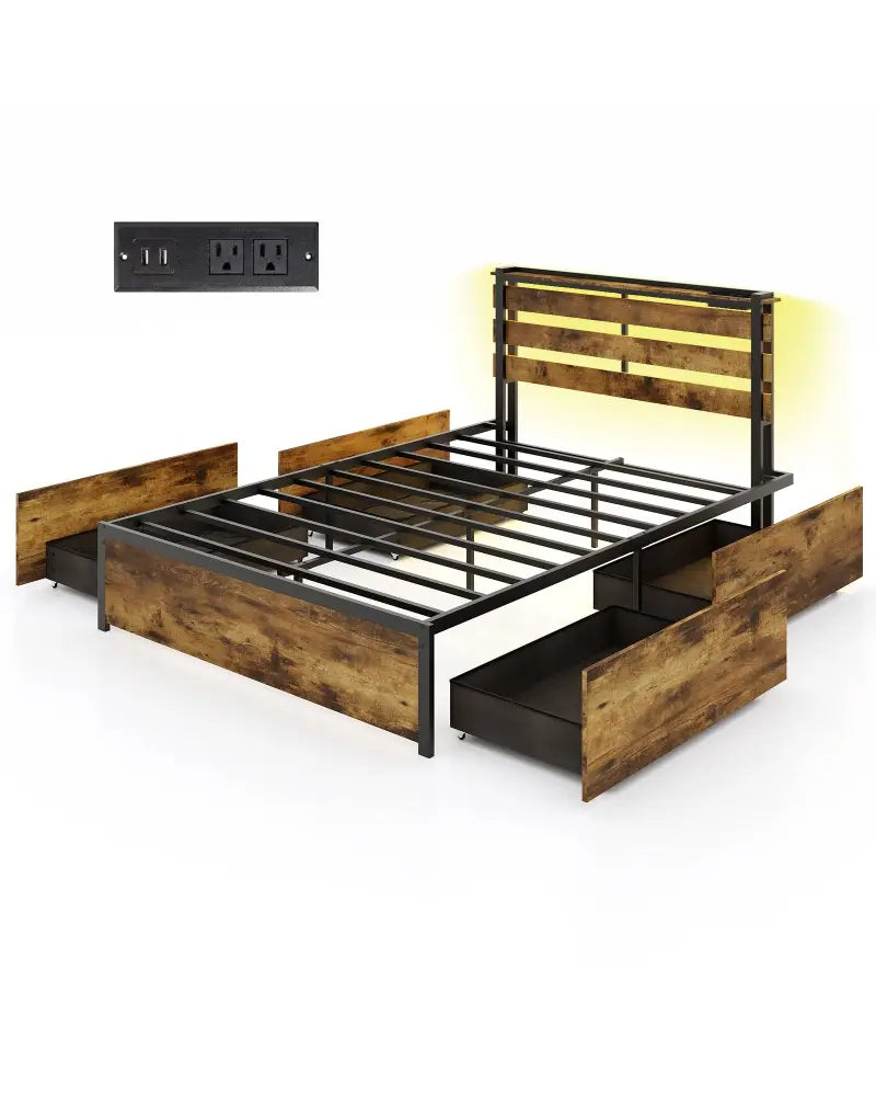 Full/Queen/Twin Size Bed Frame with Drawers LED Lights and USB Ports-Full Size - Simple Bed Frame