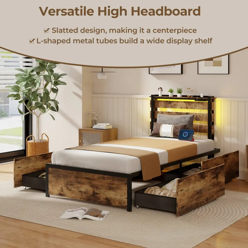 Full/Queen/Twin Size Bed Frame with Drawers LED Lights and USB Ports-Twin Size - Rustic Brown - Simple Bed Frame