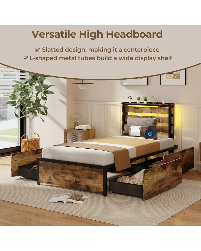 Full/Queen/Twin Size Bed Frame with Drawers LED Lights and USB Ports-Twin Size - Rustic Brown - Simple Bed Frame