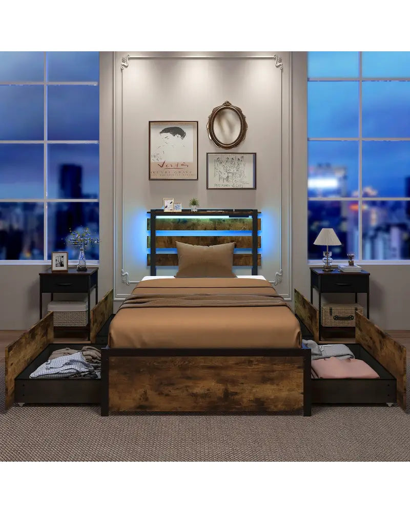 Full/Queen/Twin Size Bed Frame with Drawers LED Lights and USB Ports-Twin Size - Rustic Brown - Simple Bed Frame
