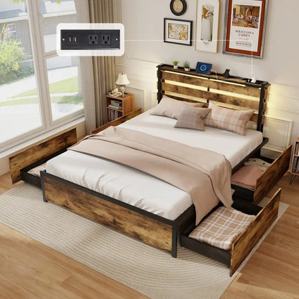 Full/Queen/Twin Size Bed Frame with Drawers LED Lights and USB Ports-Queen Size - Rustic Brown - Simple Bed Frame