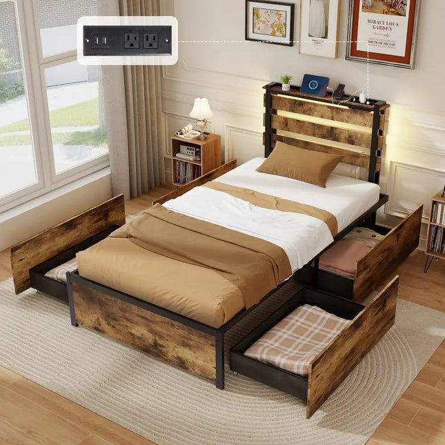 Full/Queen/Twin Size Bed Frame with Drawers LED Lights and USB Ports-Twin Size - Rustic Brown - Simple Bed Frame