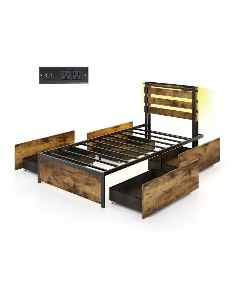 Full/Queen/Twin Size Bed Frame with Drawers LED Lights and USB Ports-Twin Size - Rustic Brown - Simple Bed Frame