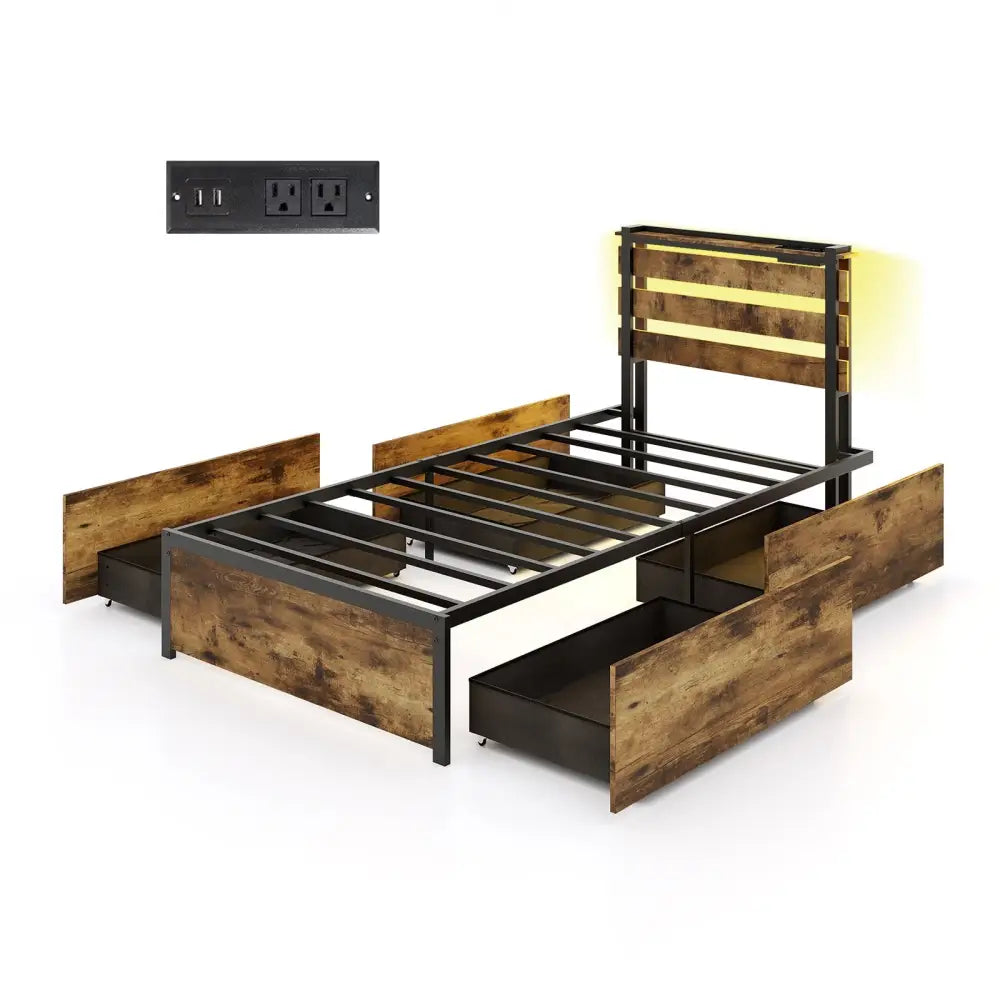 Full/Queen/Twin Size Bed Frame with Drawers LED Lights and USB Ports-Twin Size - Rustic Brown - Simple Bed Frame