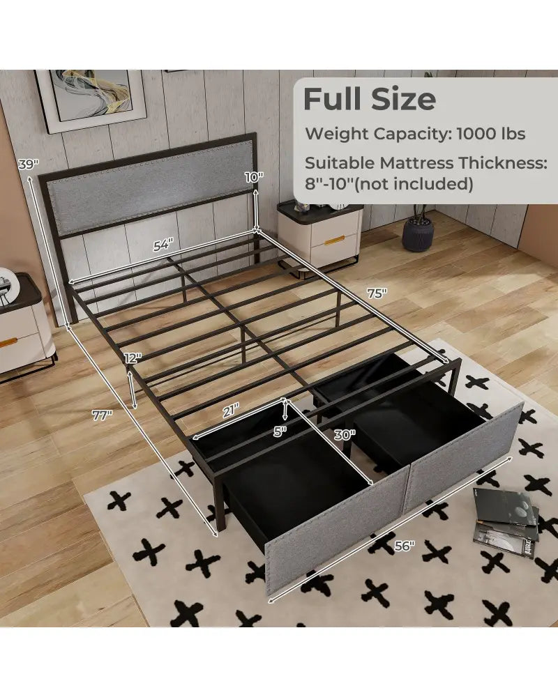 Full/Queen/Twin Size Bed Frame with LED Lights Drawer and Metal Slats-Full Size - Gray - Simple Bed Frame