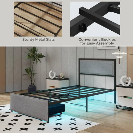 Full/Queen/Twin Size Bed Frame with LED Lights Drawer and Metal Slats-Twin Size - Gray - Simple Bed Frame