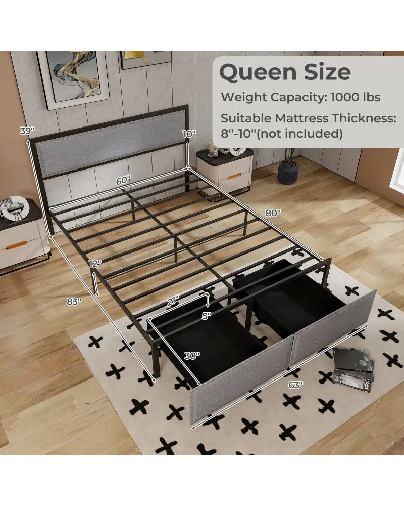 Full/Queen/Twin Size Bed Frame with LED Lights Drawer and Metal Slats-Queen Size - Gray - Simple Bed Frame