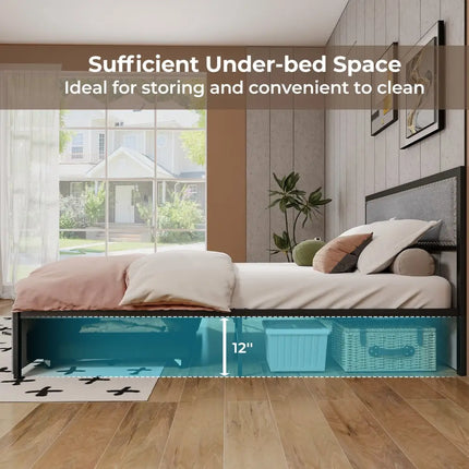 Full/Queen/Twin Size Bed Frame with LED Lights Drawer and Metal Slats-Queen Size - Gray - Simple Bed Frame
