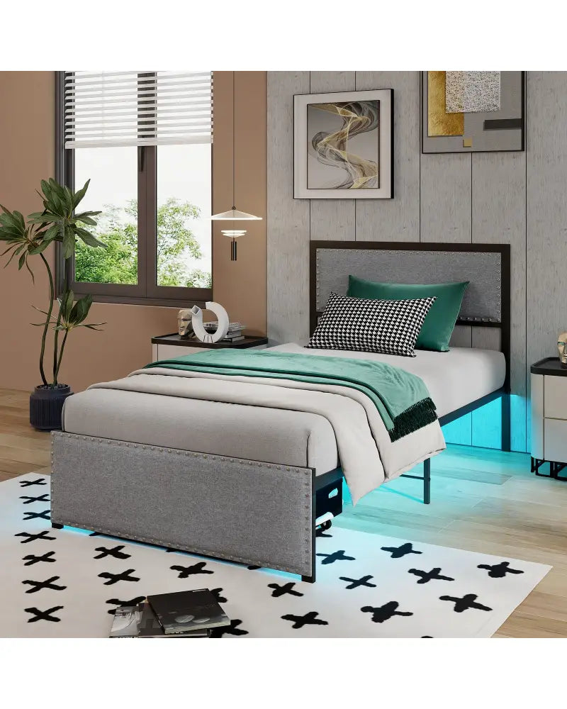 Full/Queen/Twin Size Bed Frame with LED Lights Drawer and Metal Slats-Twin Size - Gray - Simple Bed Frame