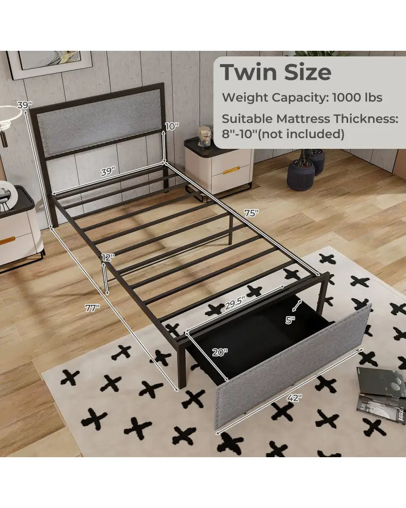 Full/Queen/Twin Size Bed Frame with LED Lights Drawer and Metal Slats-Twin Size - Gray - Simple Bed Frame
