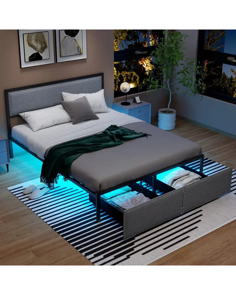 Full/Queen/Twin Size Bed Frame with LED Lights Drawer and Metal Slats-Queen Size - Gray - Simple Bed Frame
