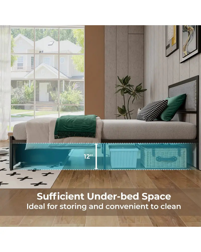 Full/Queen/Twin Size Bed Frame with LED Lights Drawer and Metal Slats-Twin Size - Gray - Simple Bed Frame