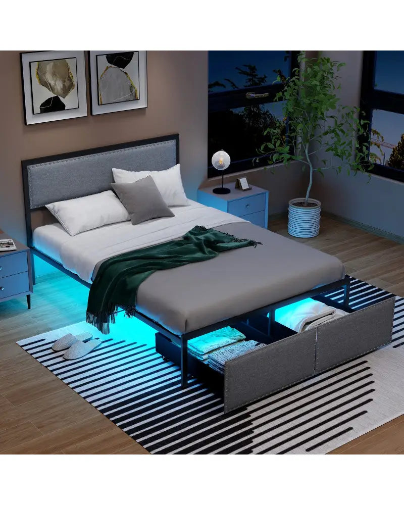Full/Queen/Twin Size Bed Frame with LED Lights Drawer and Metal Slats-Full Size - Gray - Simple Bed Frame