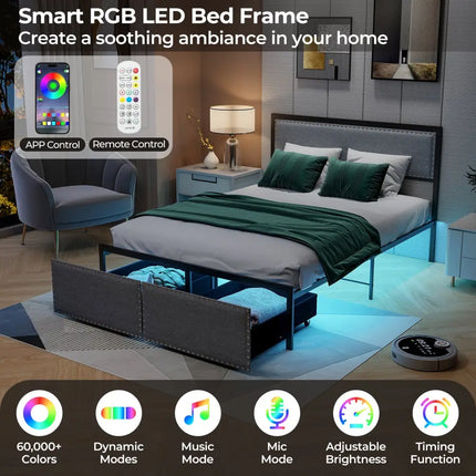 Full/Queen/Twin Size Bed Frame with LED Lights Drawer and Metal Slats-Full Size - Gray - Simple Bed Frame