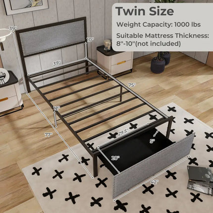Full/Queen/Twin Size Bed Frame with LED Lights Drawer and Metal Slats-Twin Size - Gray - Simple Bed Frame