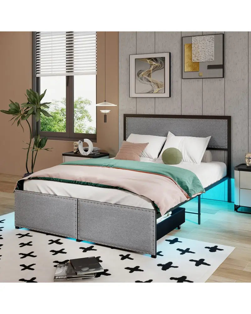 Full/Queen/Twin Size Bed Frame with LED Lights Drawer and Metal Slats-Full Size - Gray - Simple Bed Frame