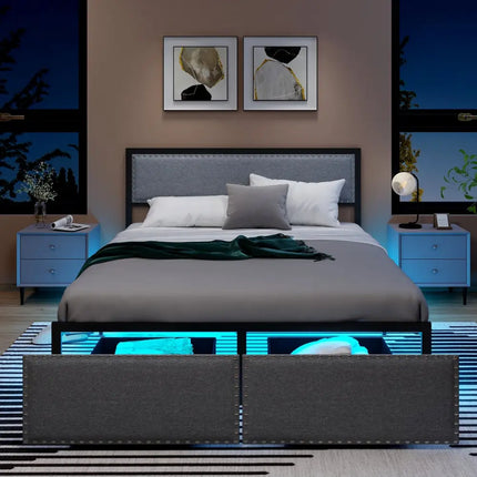 Full/Queen/Twin Size Bed Frame with LED Lights Drawer and Metal Slats-Queen Size - Gray - Simple Bed Frame