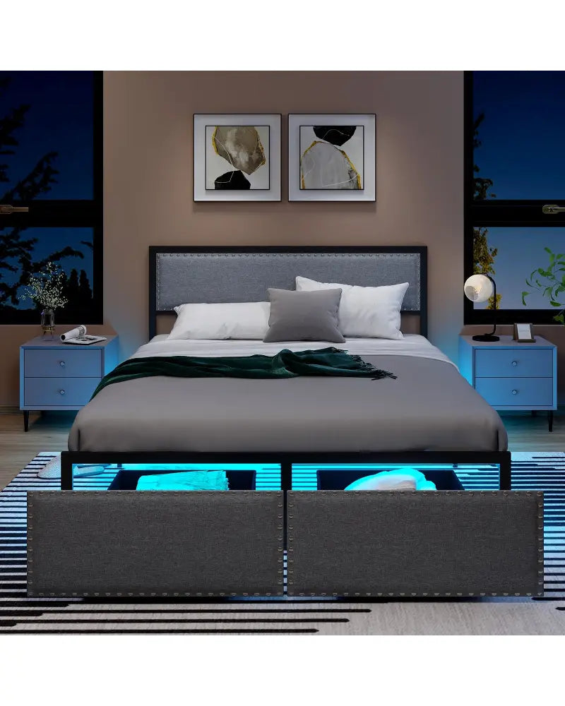 Full/Queen/Twin Size Bed Frame with LED Lights Drawer and Metal Slats-Queen Size - Gray - Simple Bed Frame