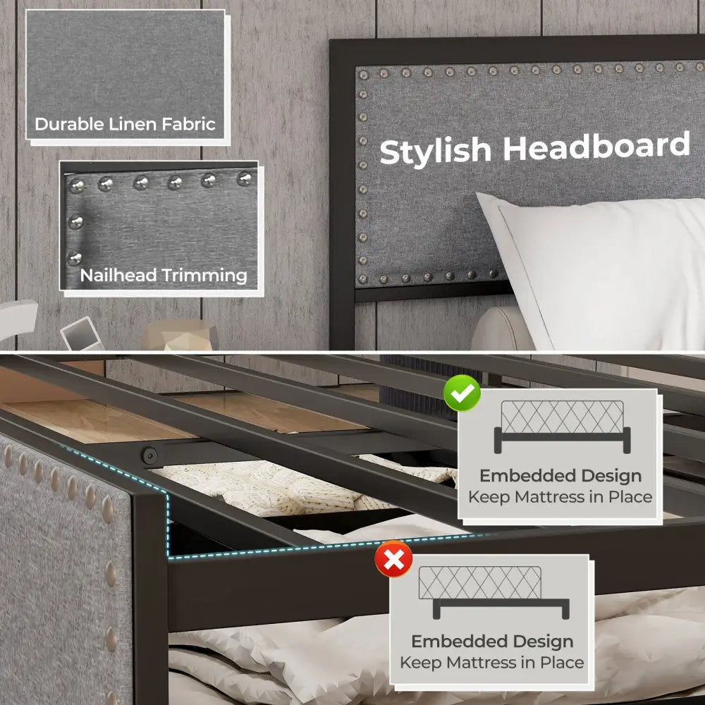 Full/Queen/Twin Size Bed Frame with LED Lights Drawer and Metal Slats-Queen Size - Gray - Simple Bed Frame
