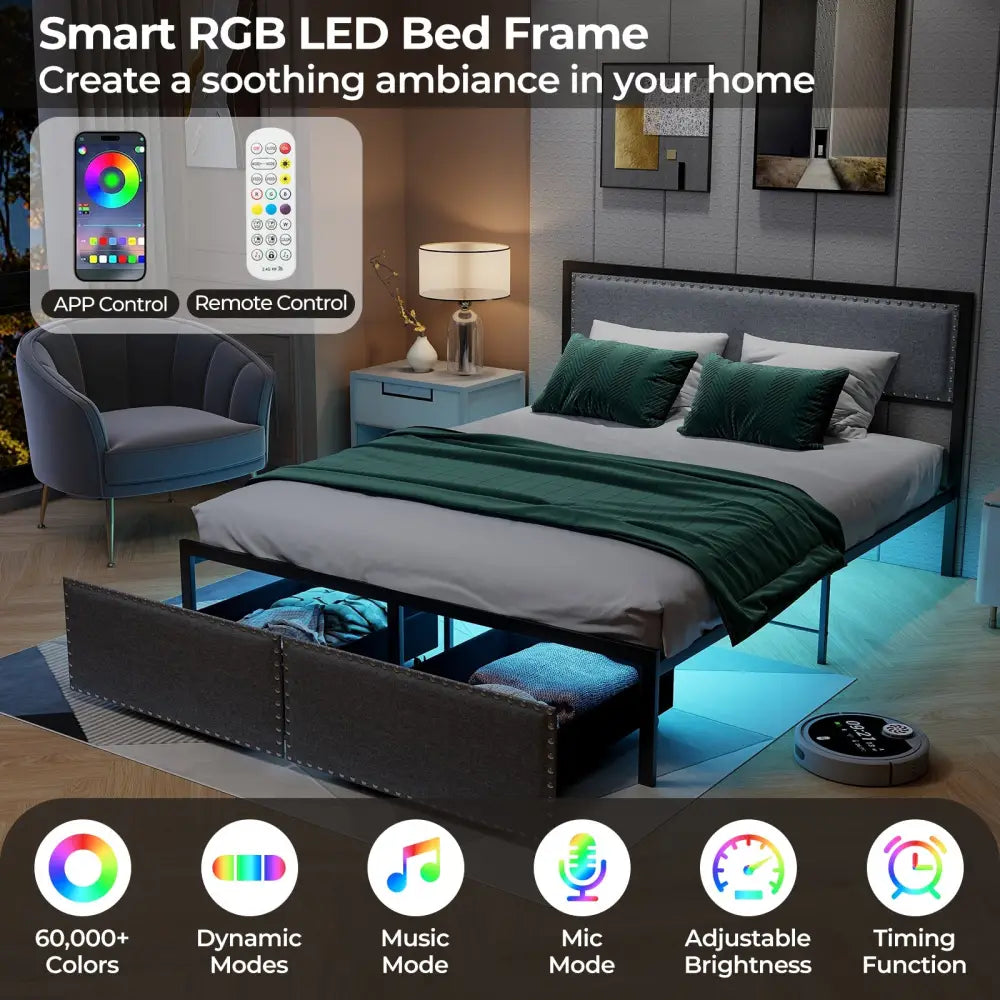 Full/Queen/Twin Size Bed Frame with LED Lights Drawer and Metal Slats-Queen Size - Gray - Simple Bed Frame
