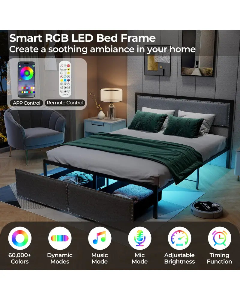 Full/Queen/Twin Size Bed Frame with LED Lights Drawer and Metal Slats-Queen Size - Gray - Simple Bed Frame