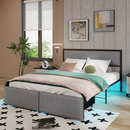 Full/Queen/Twin Size Bed Frame with LED Lights Drawer and Metal Slats-Queen Size - Gray - Simple Bed Frame