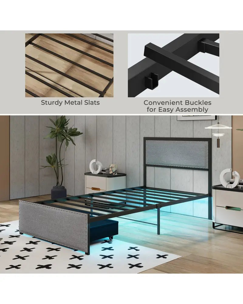 Full/Queen/Twin Size Bed Frame with LED Lights Drawer and Metal Slats-Twin Size - Gray - Simple Bed Frame