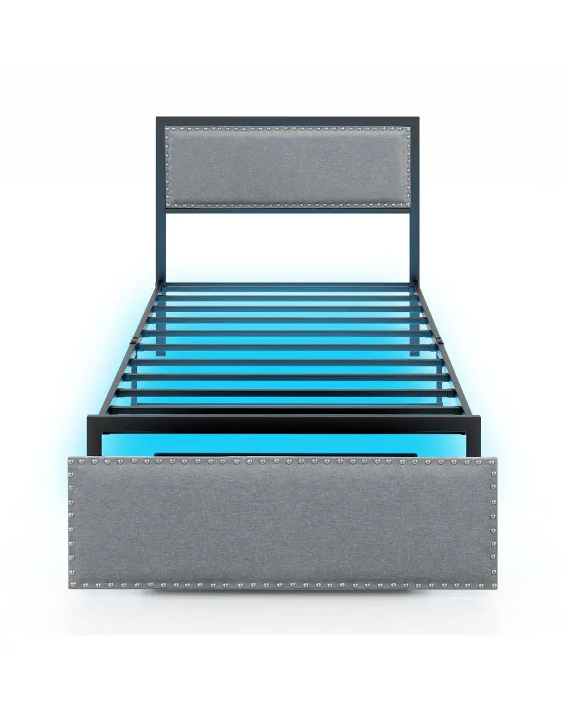 Full/Queen/Twin Size Bed Frame with LED Lights Drawer and Metal Slats-Twin Size - Gray - Simple Bed Frame