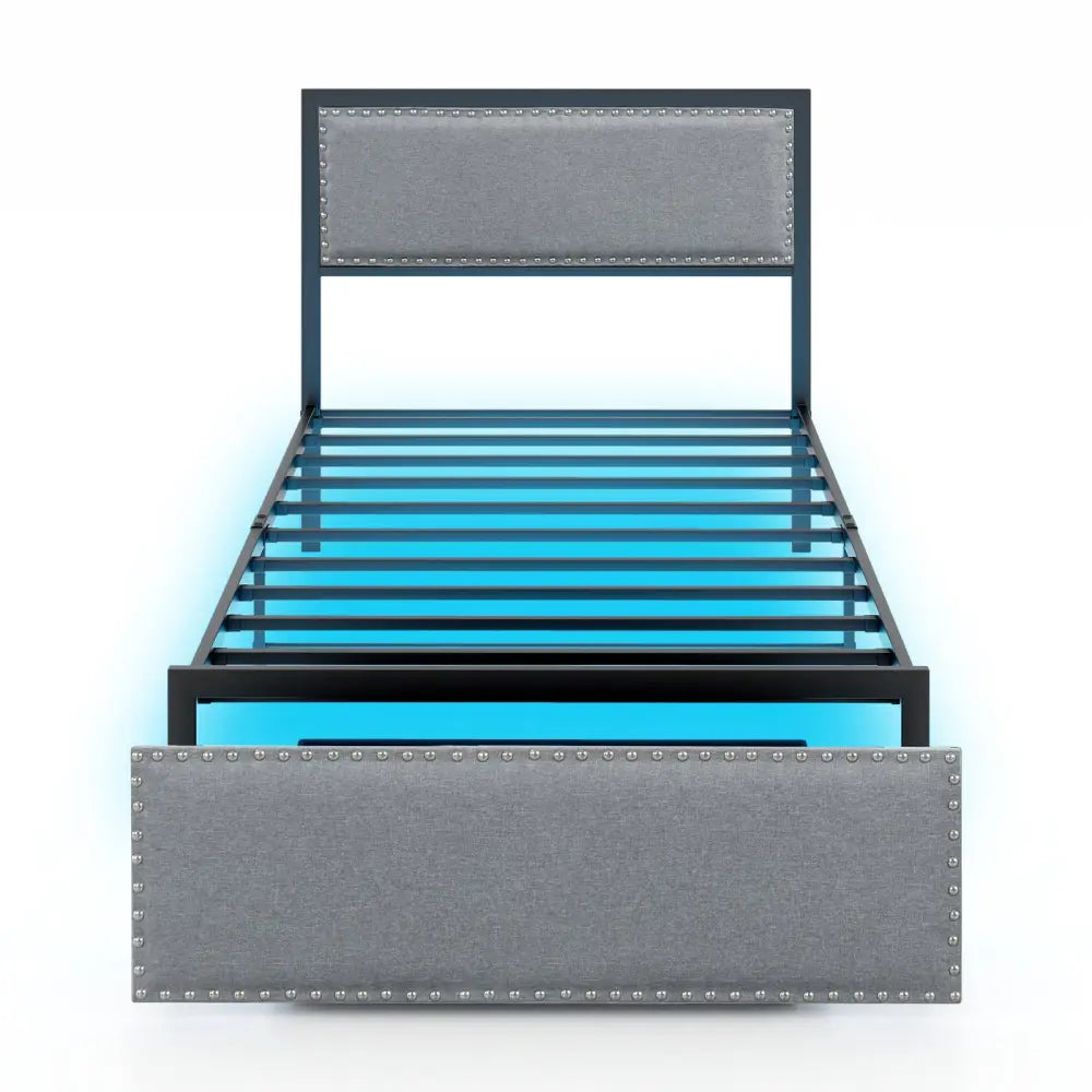 Full/Queen/Twin Size Bed Frame with LED Lights Drawer and Metal Slats-Twin Size - Gray - Simple Bed Frame