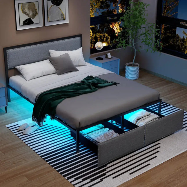 Full/Queen/Twin Size Bed Frame with LED Lights Drawer and Metal Slats-Queen Size - Gray - Simple Bed Frame