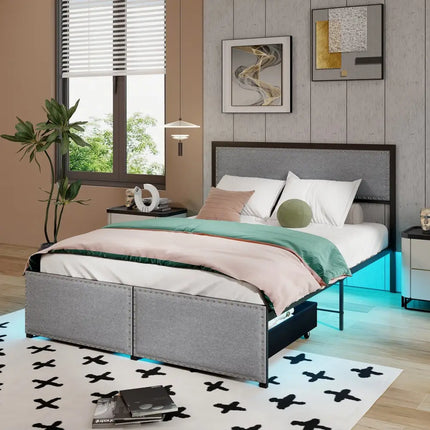 Full/Queen/Twin Size Bed Frame with LED Lights Drawer and Metal Slats-Full Size - Gray - Simple Bed Frame