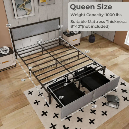 Full/Queen/Twin Size Bed Frame with LED Lights Drawer and Metal Slats-Queen Size - Gray - Simple Bed Frame