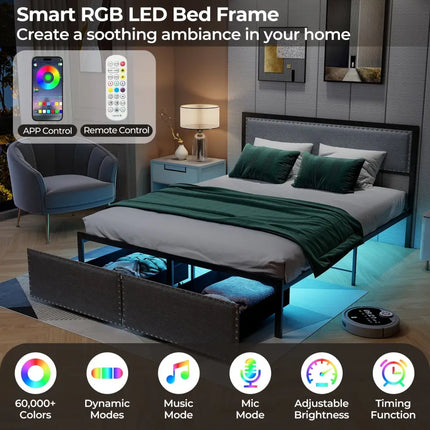 Full/Queen/Twin Size Bed Frame with LED Lights Drawer and Metal Slats-Queen Size - Gray - Simple Bed Frame