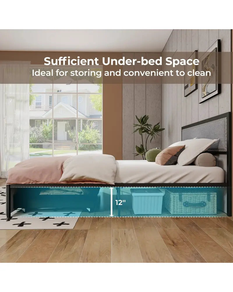 Full/Queen/Twin Size Bed Frame with LED Lights Drawer and Metal Slats-Queen Size - Gray - Simple Bed Frame