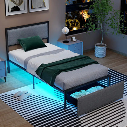 Full/Queen/Twin Size Bed Frame with LED Lights Drawer and Metal Slats-Twin Size - Gray - Simple Bed Frame