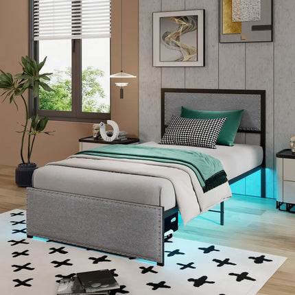 Full/Queen/Twin Size Bed Frame with LED Lights Drawer and Metal Slats-Twin Size - Gray - Simple Bed Frame
