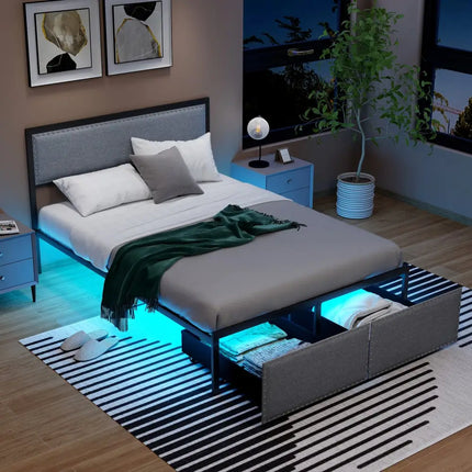 Full/Queen/Twin Size Bed Frame with LED Lights Drawer and Metal Slats-Full Size - Gray - Simple Bed Frame