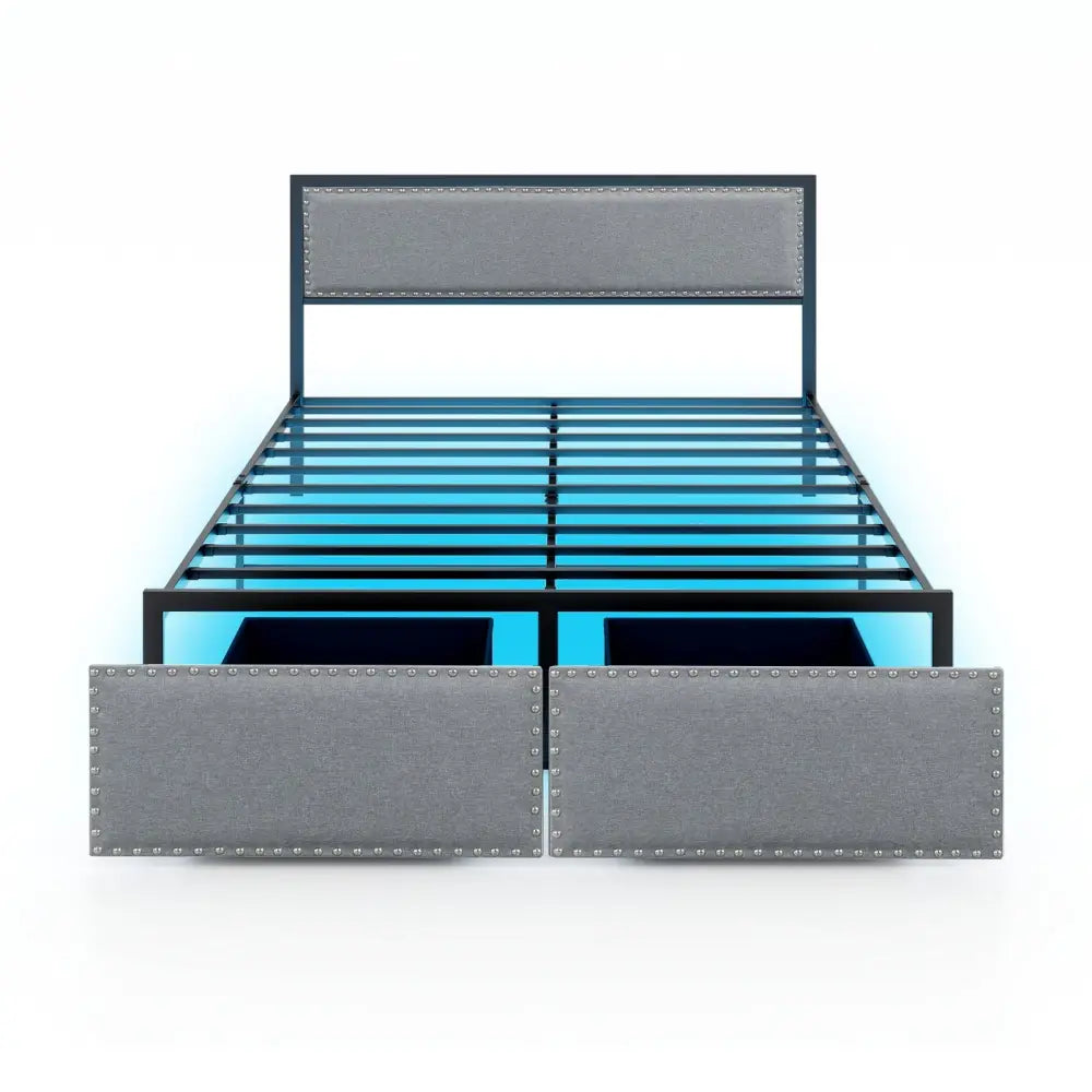Full/Queen/Twin Size Bed Frame with LED Lights Drawer and Metal Slats-Queen Size - Gray - Simple Bed Frame