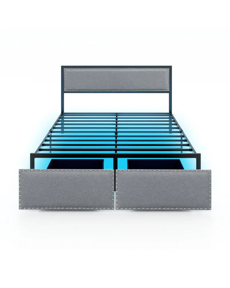 Full/Queen/Twin Size Bed Frame with LED Lights Drawer and Metal Slats-Queen Size - Gray - Simple Bed Frame