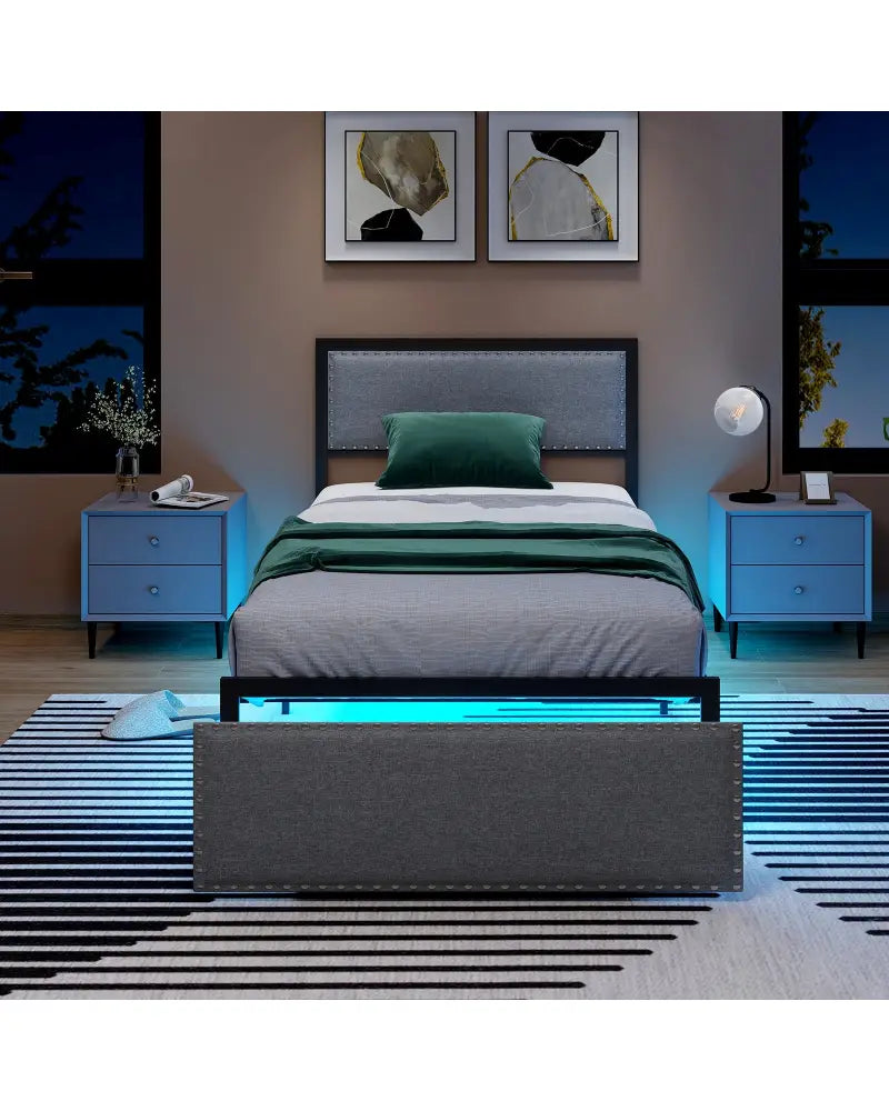 Full/Queen/Twin Size Bed Frame with LED Lights Drawer and Metal Slats-Twin Size - Gray - Simple Bed Frame